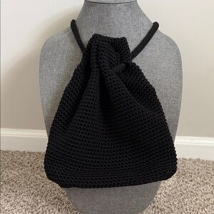 Handcrafted Black Knit Drawstring Shoulder Bag